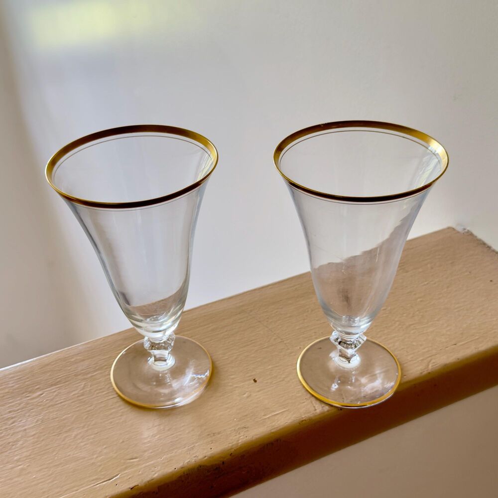 Vintage Gold Rimmed Stemmed Goblets - Flared Trumpet Water Glasses Wine Chalices